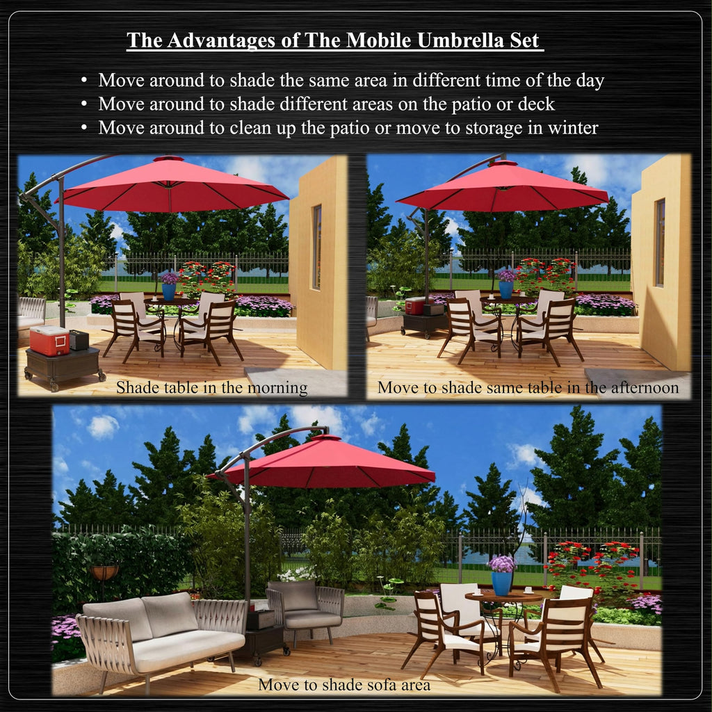 10 ft. Mobile Patio Umbrella With Wheeled Base & Side Table