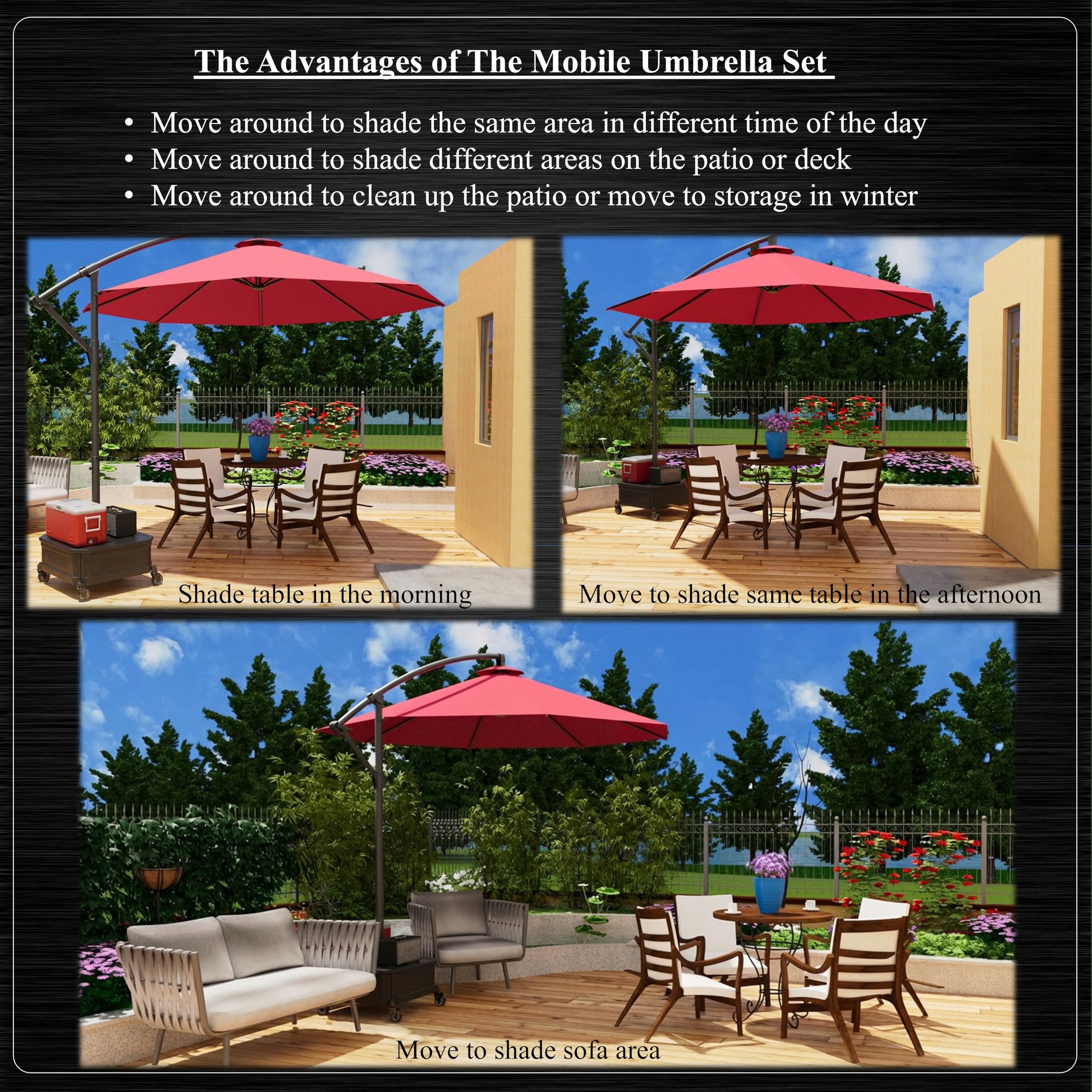 10 ft. Mobile Patio Umbrella With Wheeled Base & Side Table