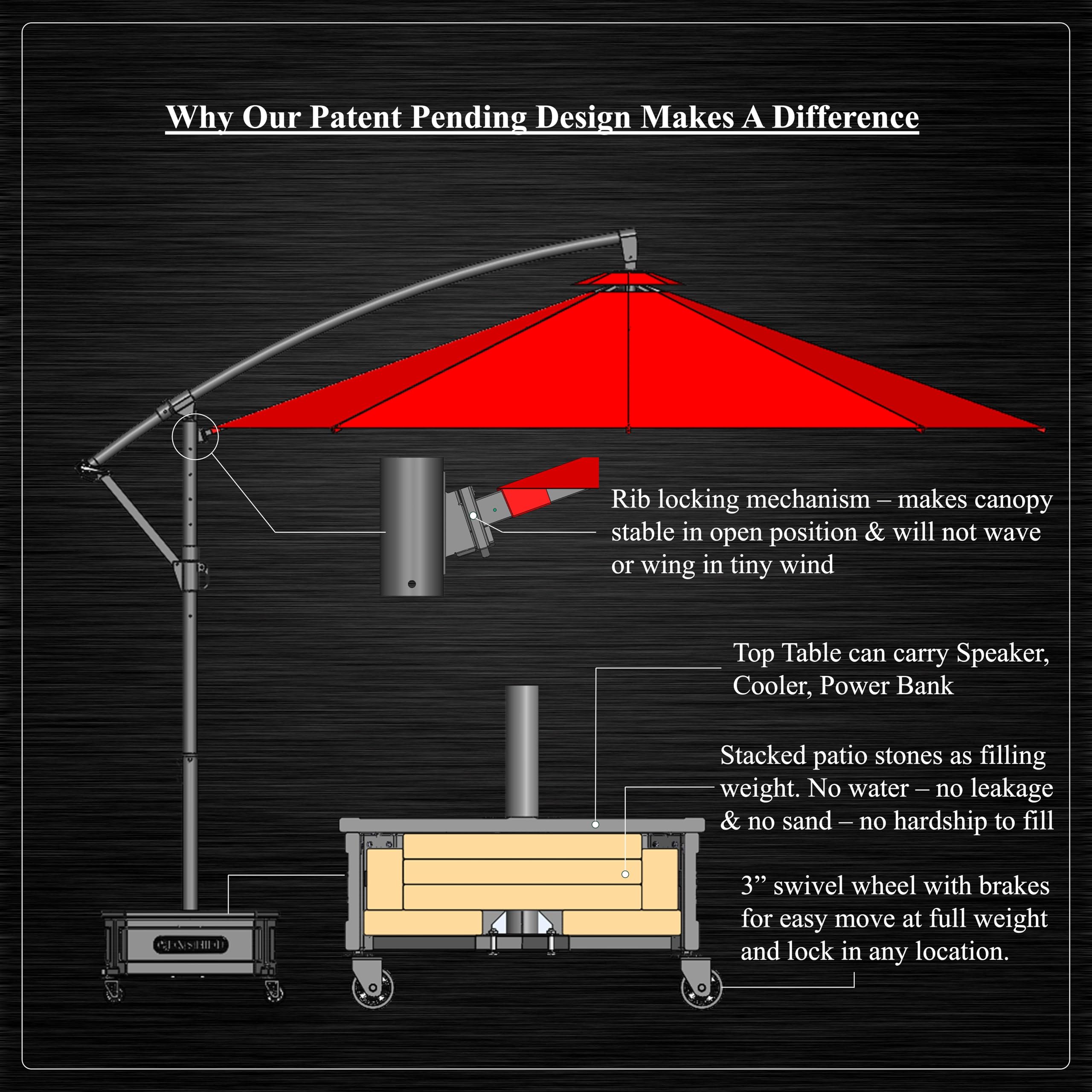 10 ft. Mobile Patio Umbrella With Wheeled Base & Side Table