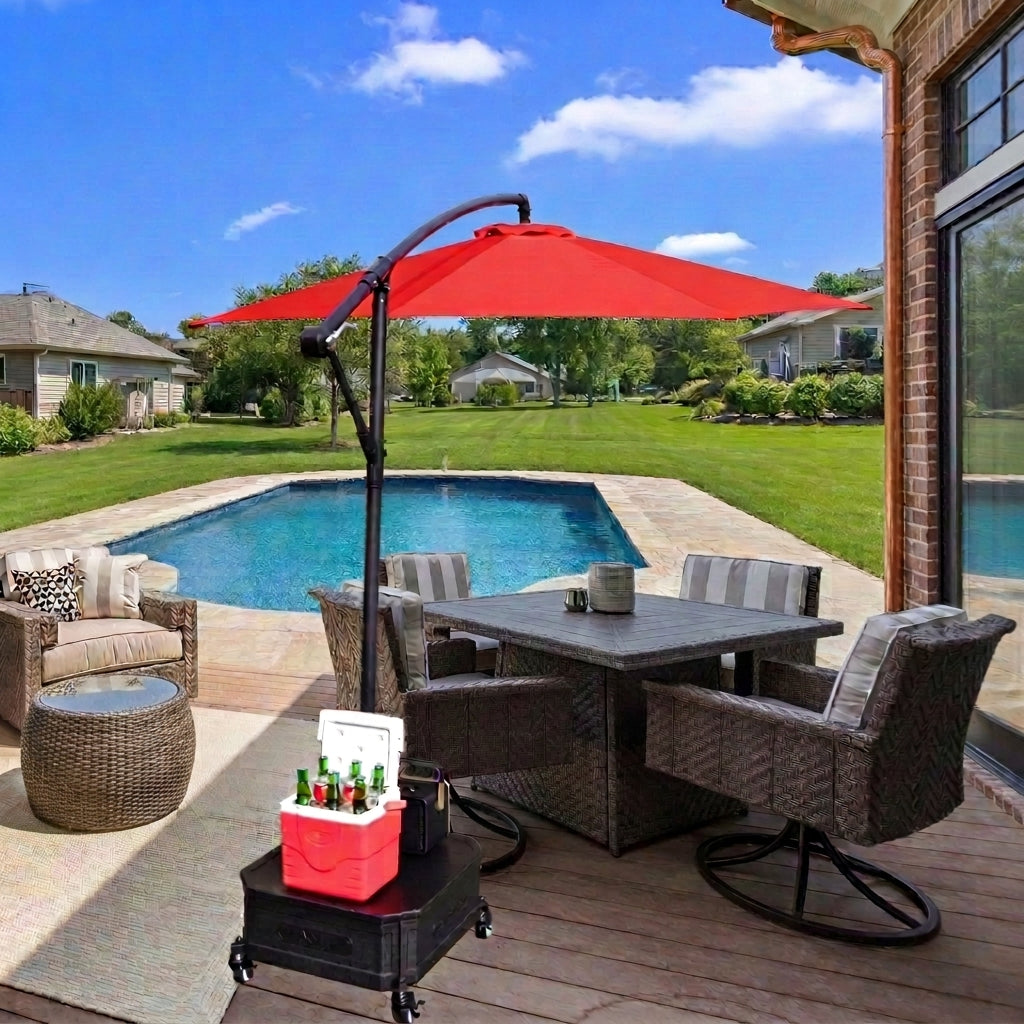 10 ft. Mobile Patio Umbrella With Wheeled Base & Side Table