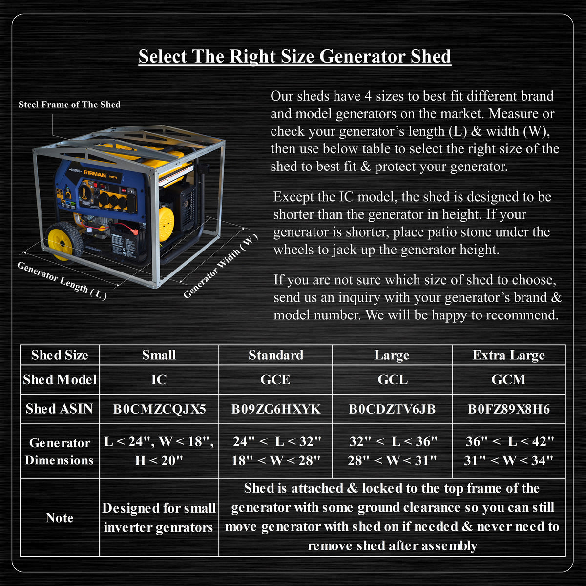 Large Generator Shed (GCL) - For generators with length between 36" - 32" and width between 28.25- 31"