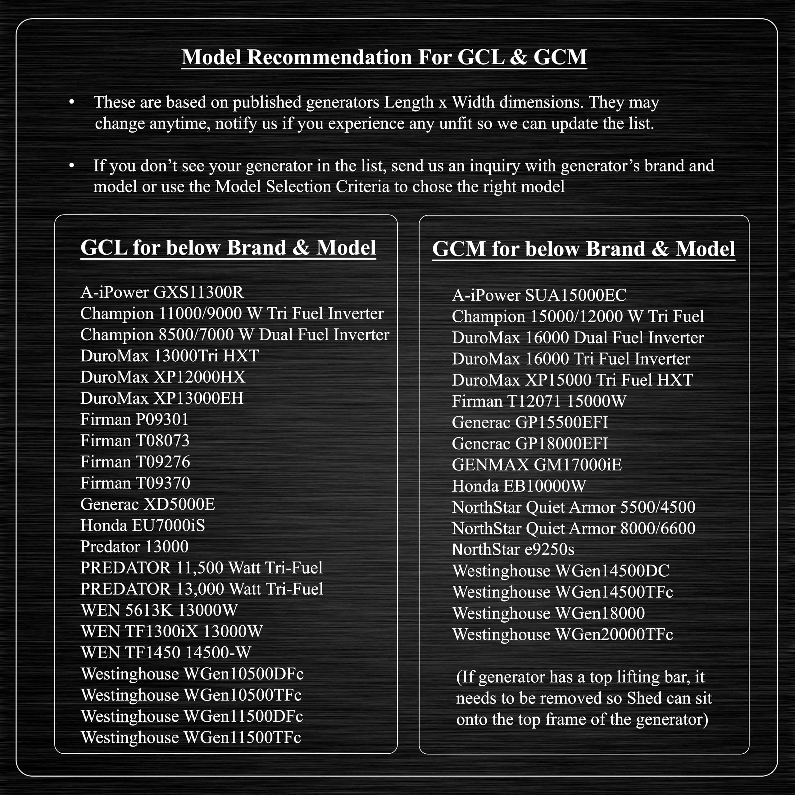 Extra Large Generator Shed (GCM) - For Generators with length between 36" - 42" & width between 31" - 34"