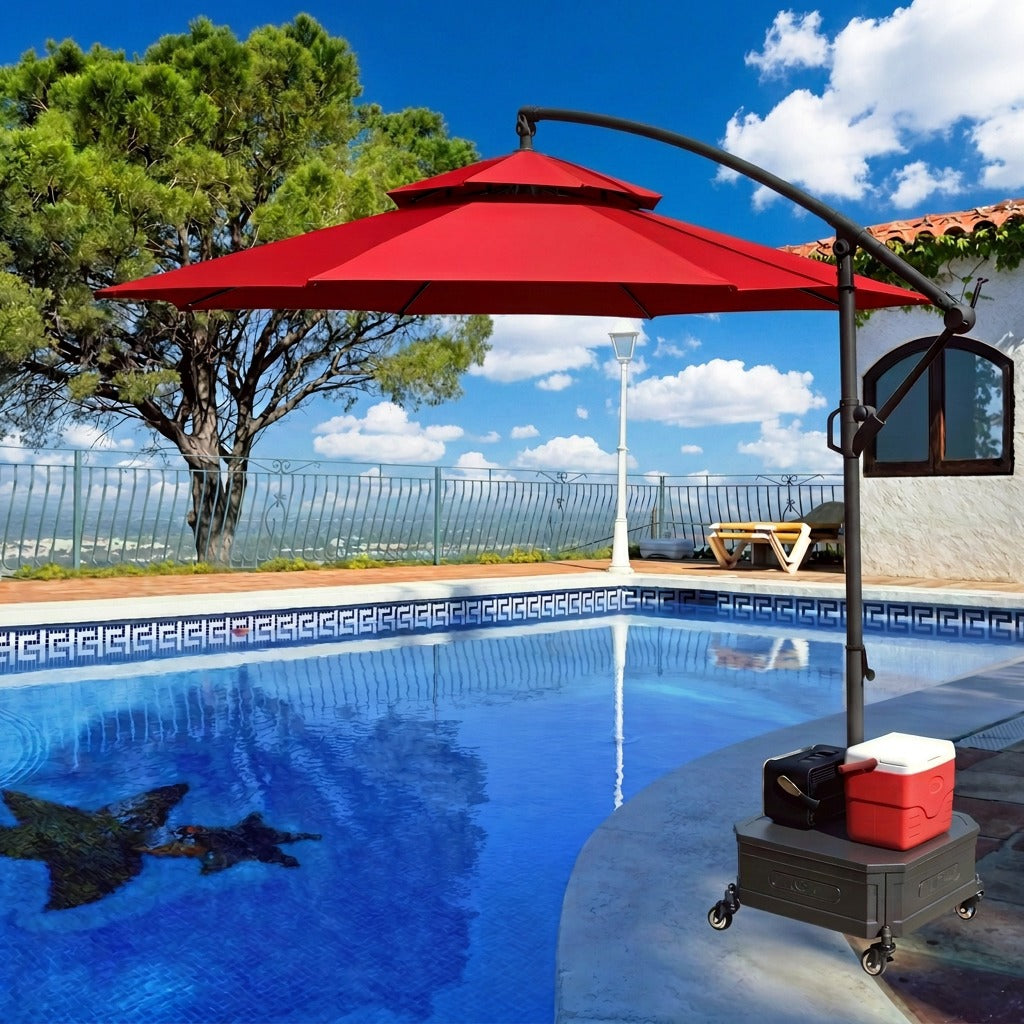 10 ft. Mobile Patio Umbrella With Wheeled Base & Side Table